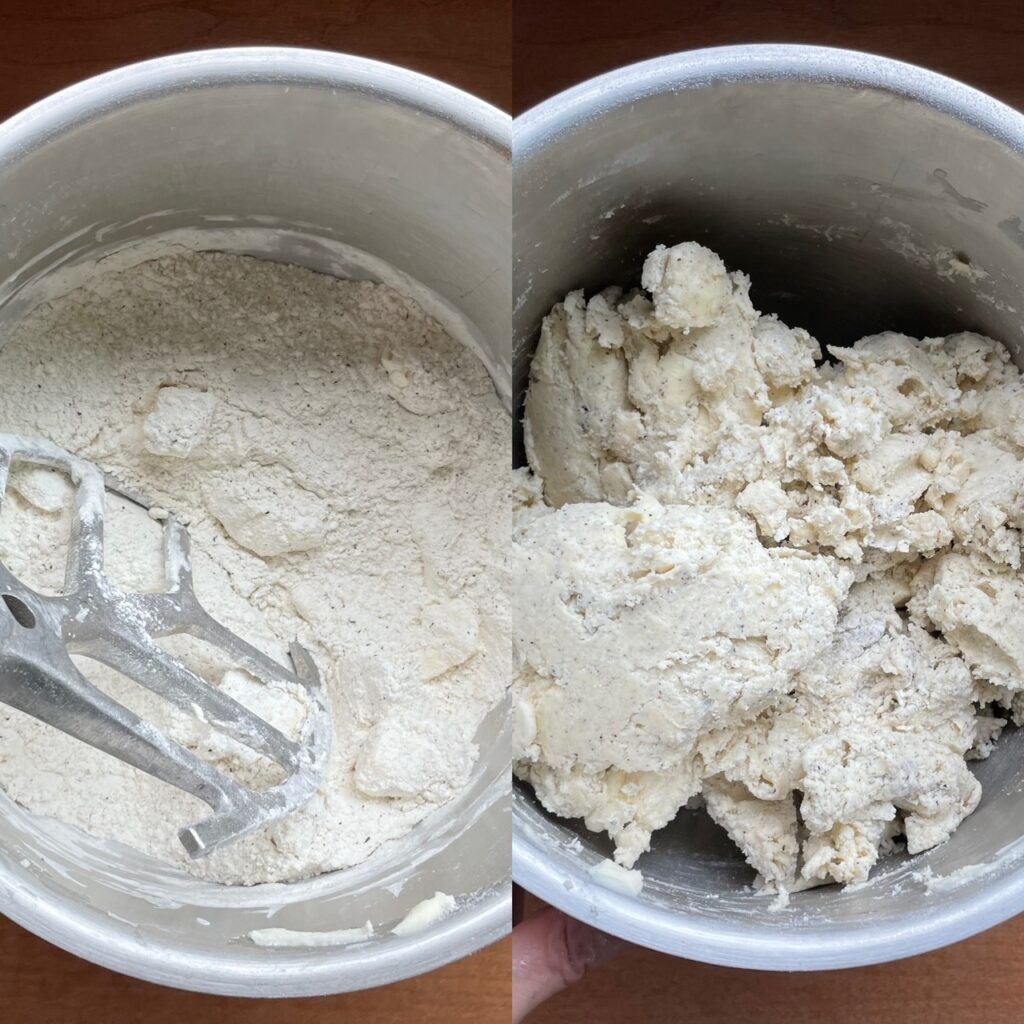 two panels showing addition of butter and addition of cream to dry ingredients.