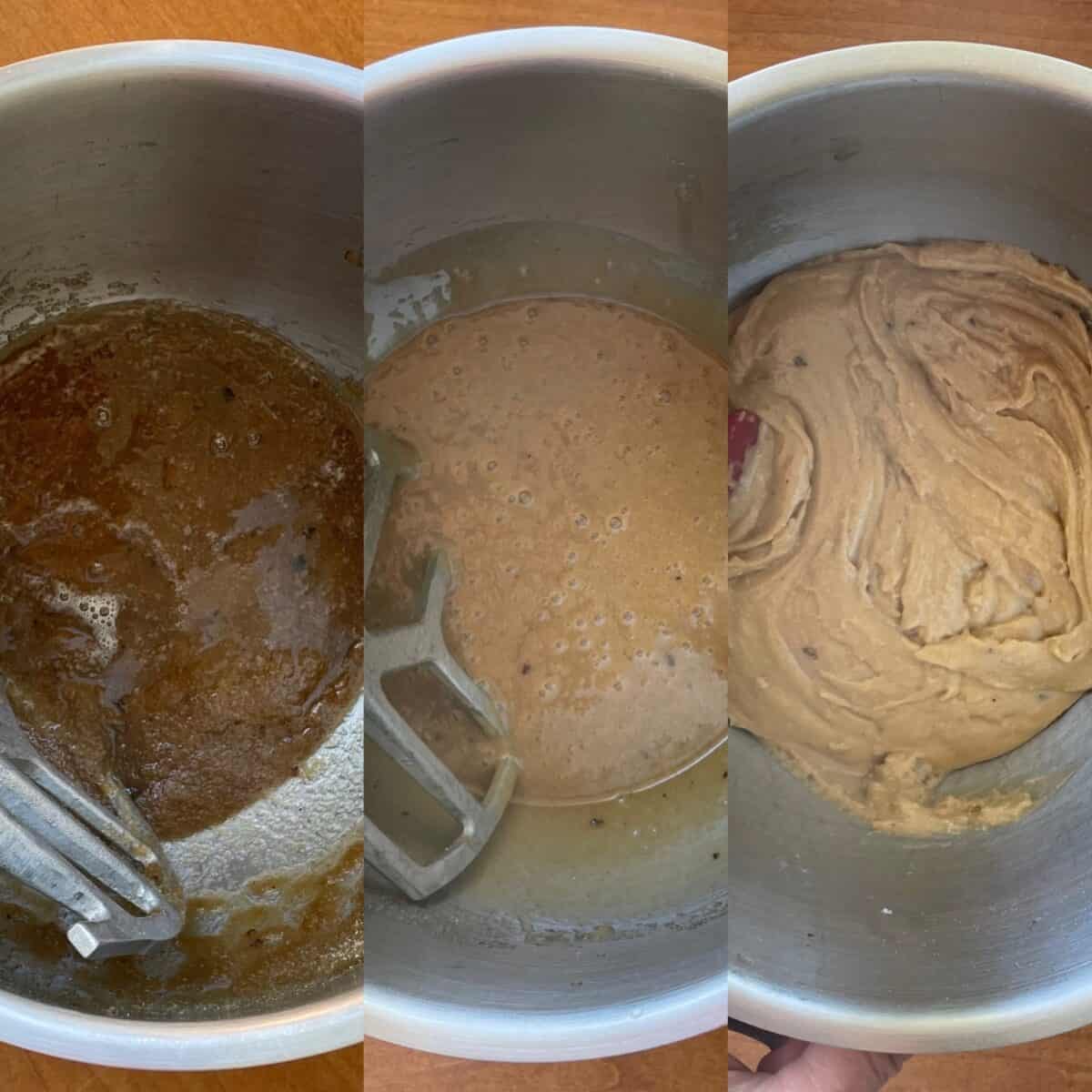 three panels showing recipe steps from combining brown butter and sugar, adding eggs, and then the final cookie batter.