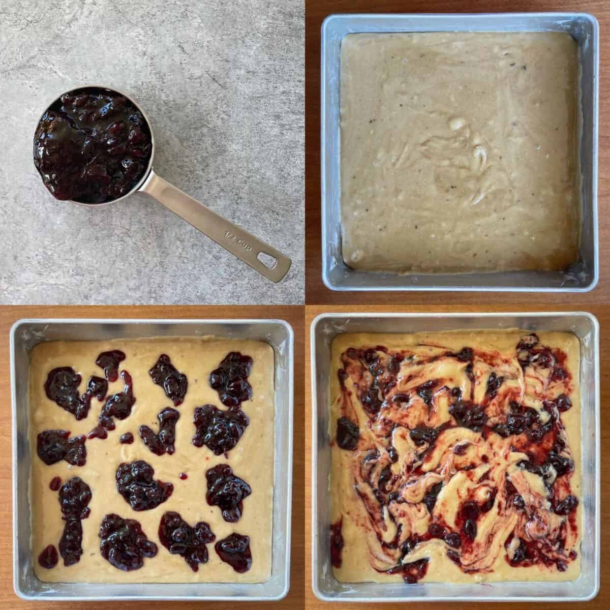 four panels showing the steps in swirling the cup of jam  in the first panel into the batter in the square pan in the second. The third panel shows jam dolloped over the batter, and fourth shows the jam swirled in.