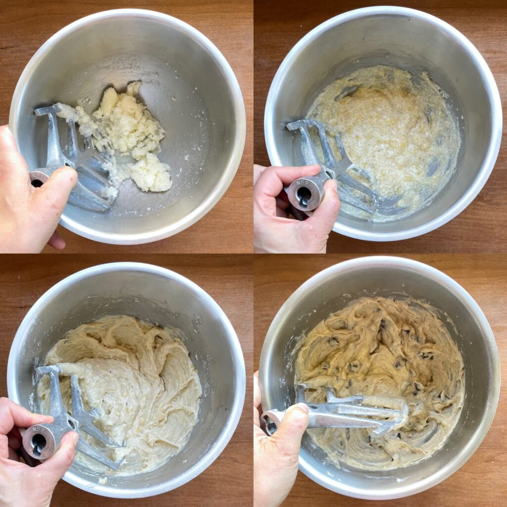 four panels showing steps in making banana bread batter.