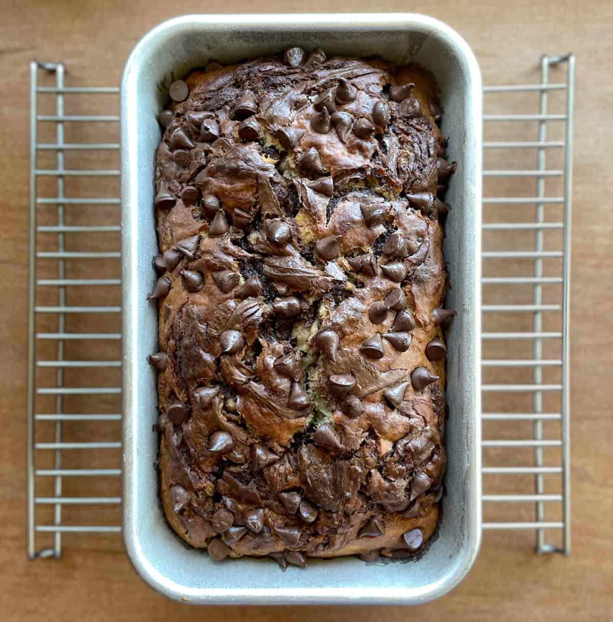 baked Nutella banana bread topped with chocolate chips in the pan on a rack.