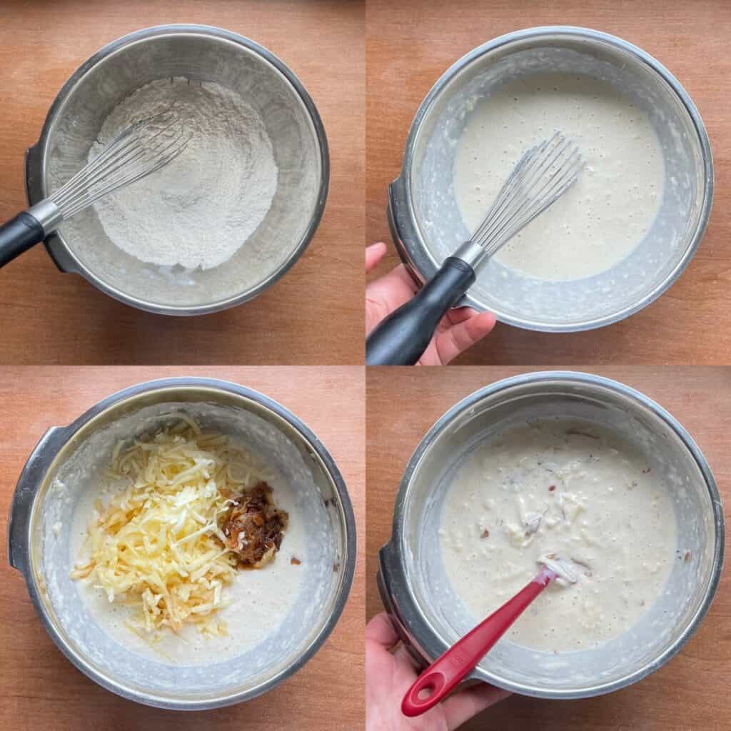 four panels showing the steps in making the apple waffle batter.