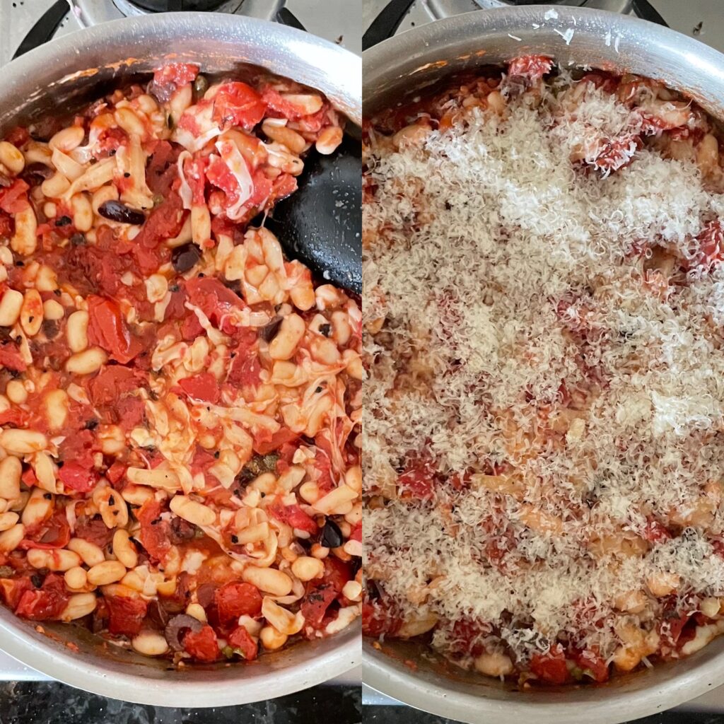 two panels showing addition of mozzarella to the pan with white beans and tomato sauce and topping with Parmesan.