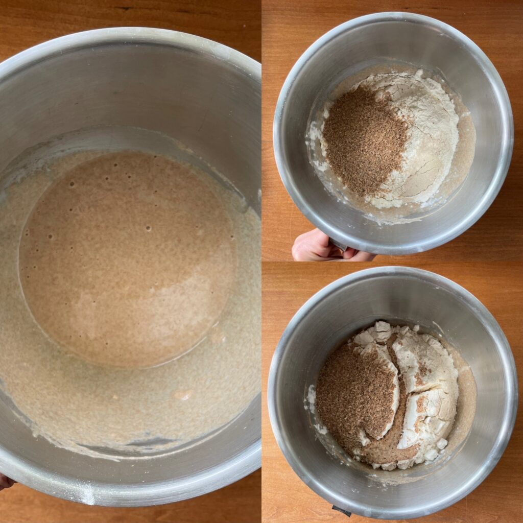 three panels showing the sponge starter, covering flour and wheat germ, and starter bubbling through.