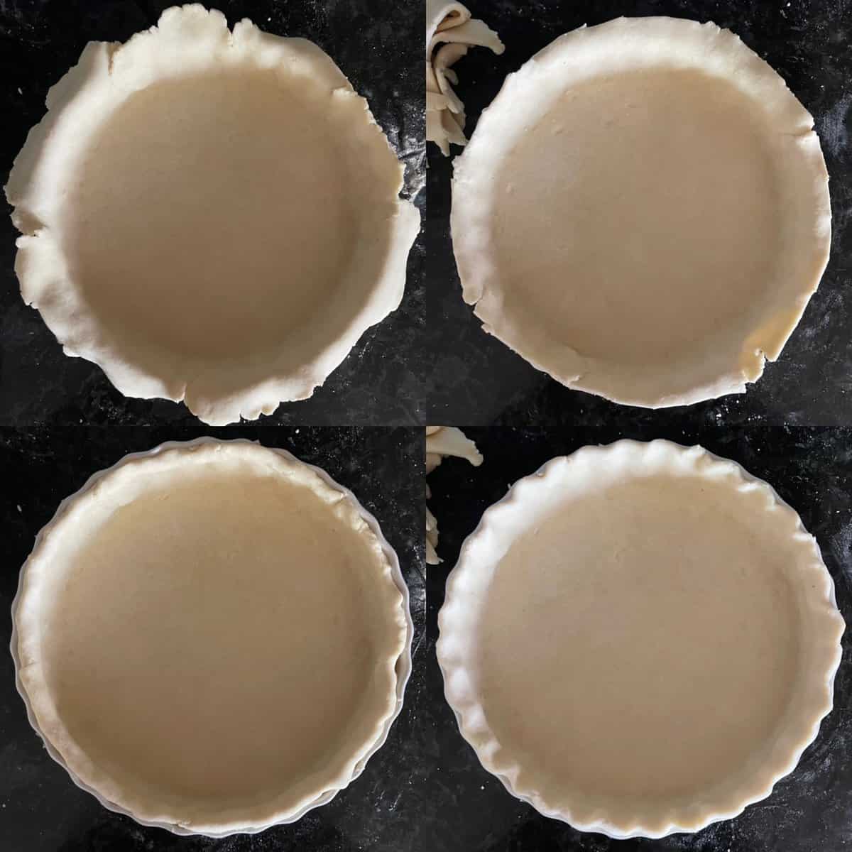 four panels showing pie crust being added to a tart pan, trimmed, and fluted.