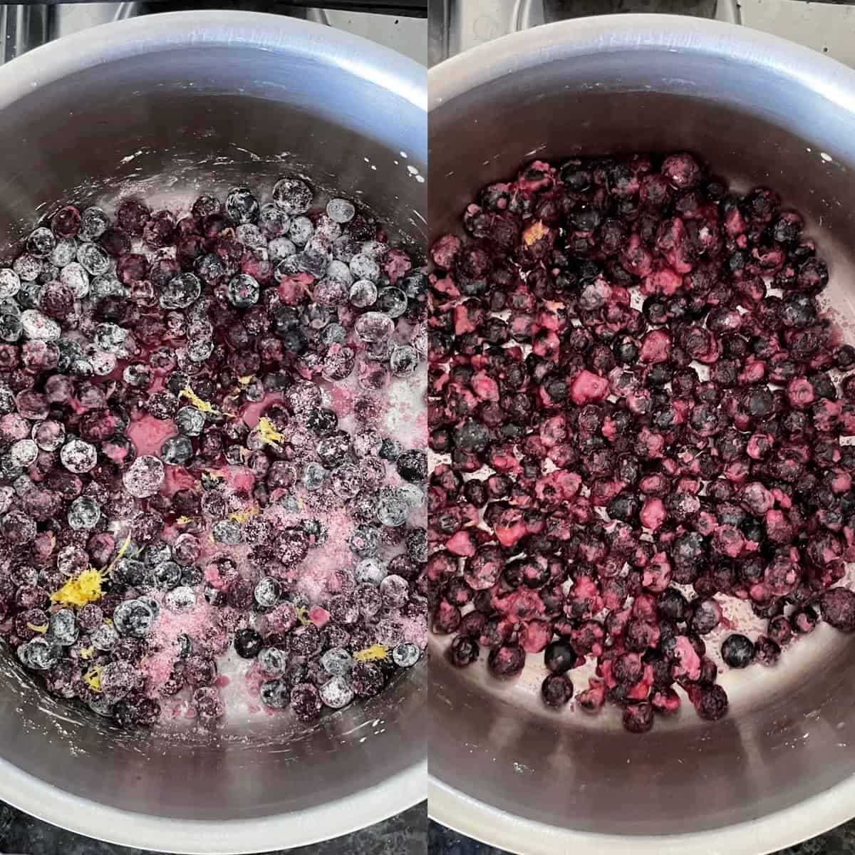 two panels showing blueberries before and after macerating with sugar, cornstarch, and lemon.