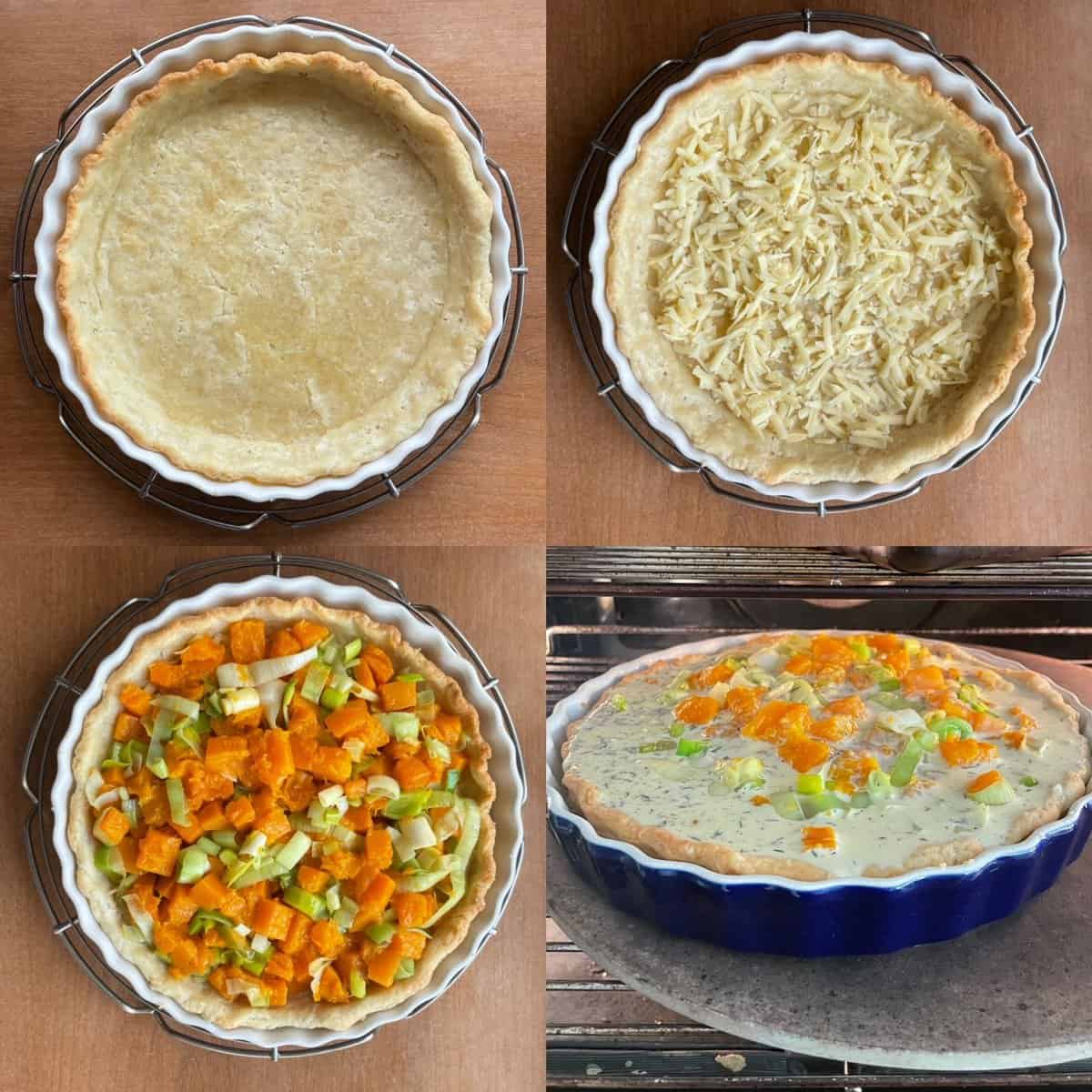 four panels showing filling added to the quiche shell step by step. 