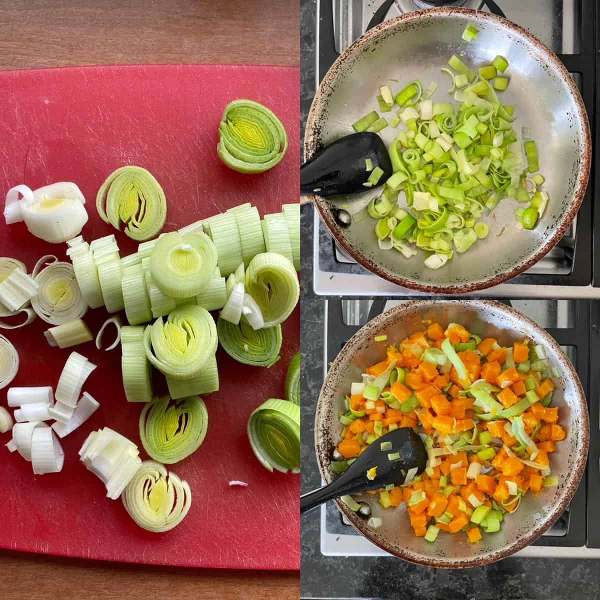 three panels showing sliced leeks, cooked leeks, and the leek and squash quiche filling.