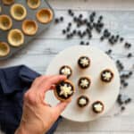 hand holding a mini blueberry pie with whipped cream star with other pies, mini pie shells, and blueberries in background.