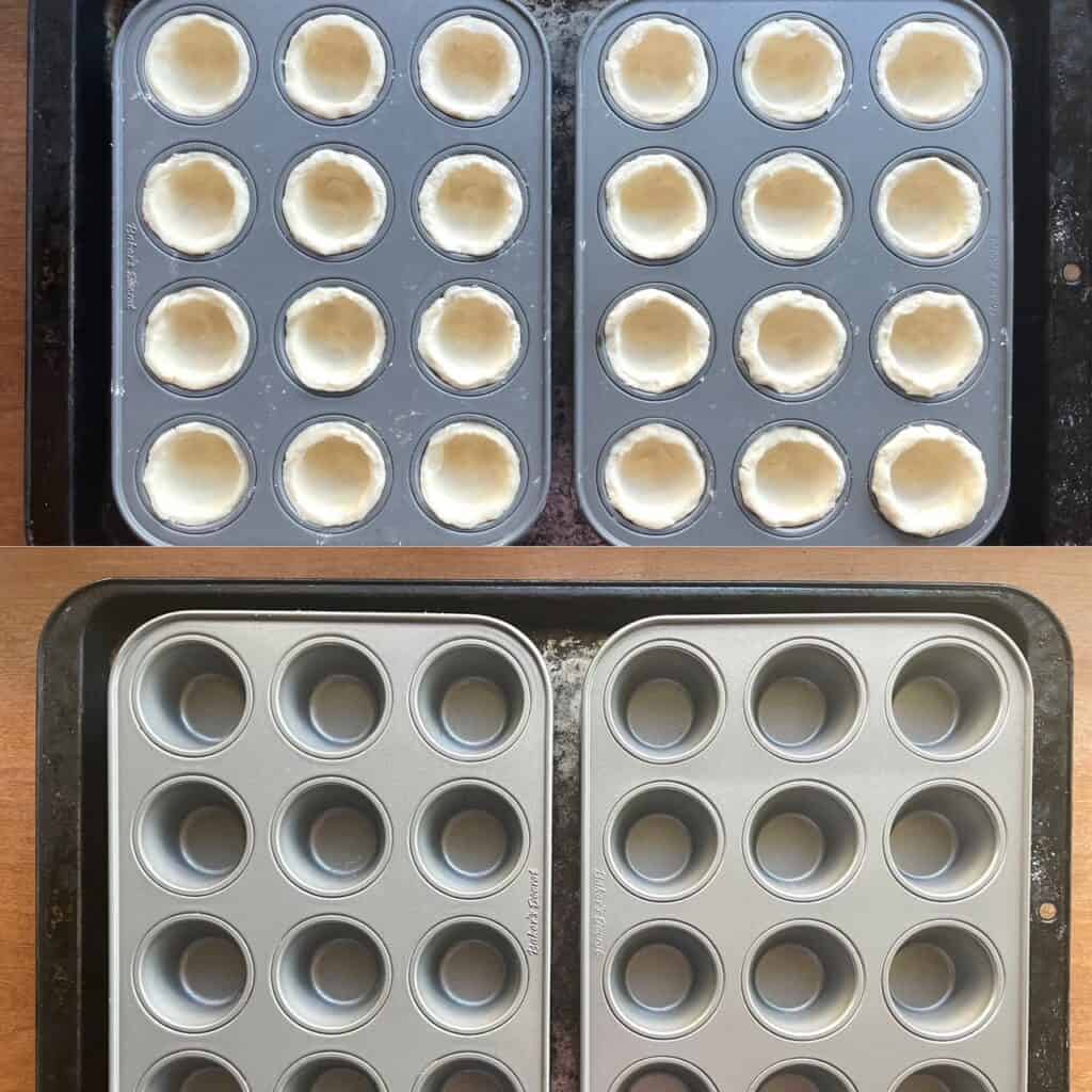 two panels showing the 24 mini pie shells and two additional muffin tins inserted on top to help the blind baking.