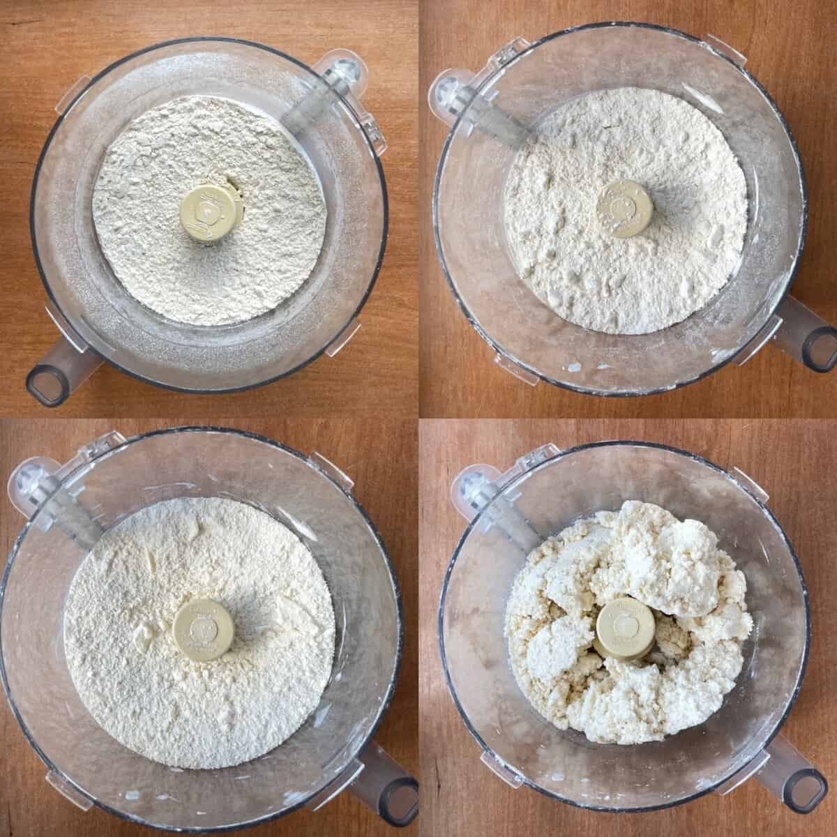 four panels showing pie dough made in a food processor from combining flour, adding cream cheese, butter cubes, and then the final pie dough clumped together.