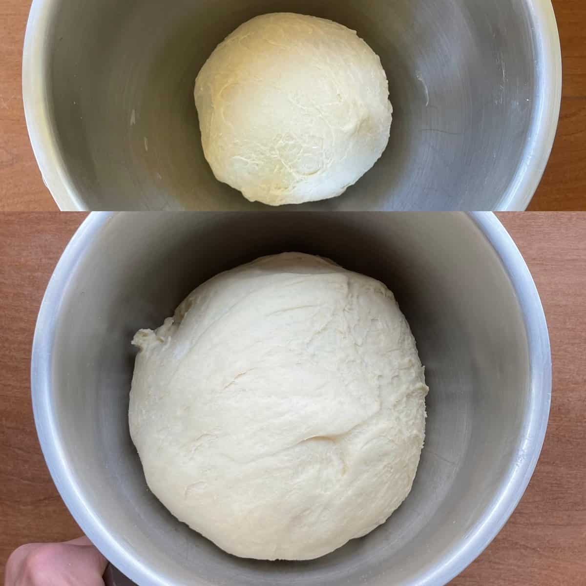 two panels showing the first rise of the semolina bread in the mixing bowl.