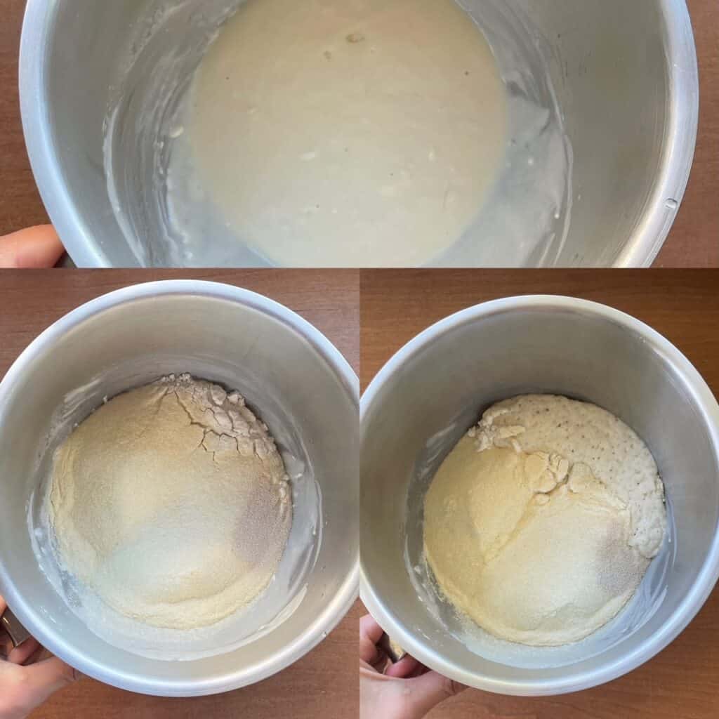 three panels showing the semolina bread sponge, sponge covered with flour, and the sponge bubbling through.