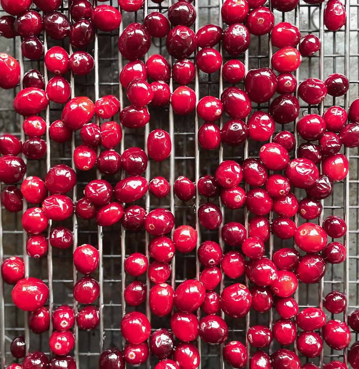 sugar syrup soaked cranberries on a rack.