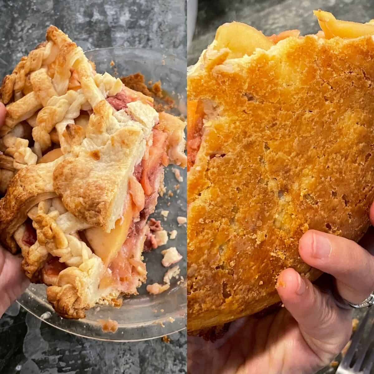 two panels showing wedge of strawberry apple pie in hand and the browned bottom crust.