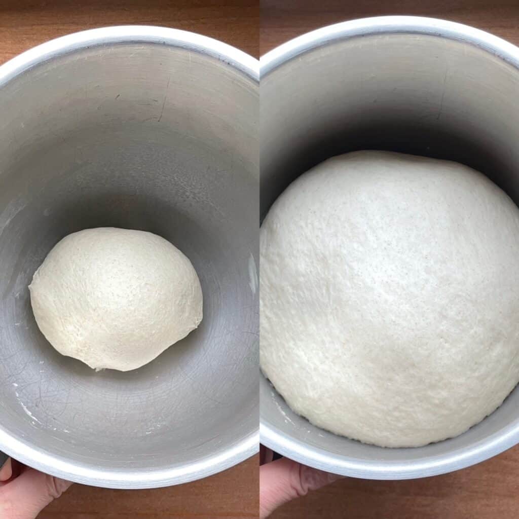 two panels showing the mixed pita dough before and after the first rise.
