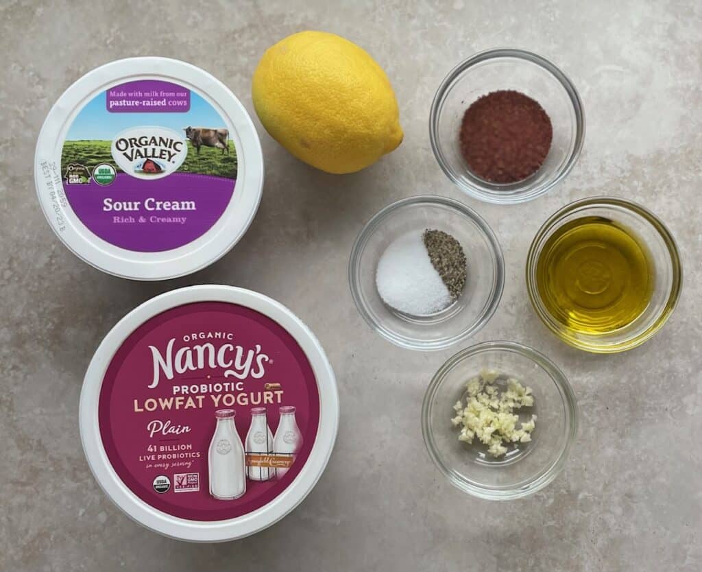 sour cream, yogurt, and other ingredients for the sumac dressing