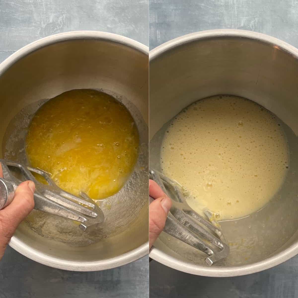 two panels showing before and after color of eggs and sugar beaten until light.