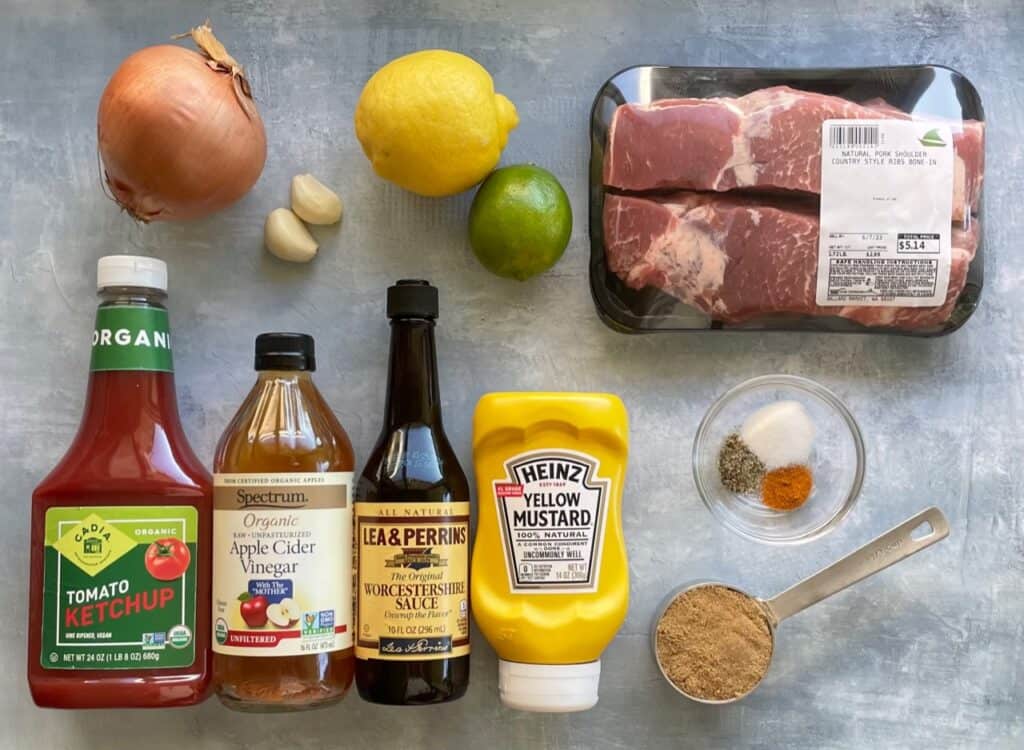 ingredients for braised boneless country style pork ribs on a countertop.
