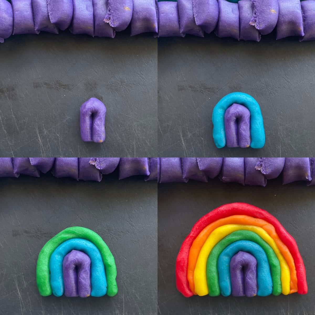 four panels showing shaping of the purple segment, the blue, the green, and then the final rainbow shaped cookie.