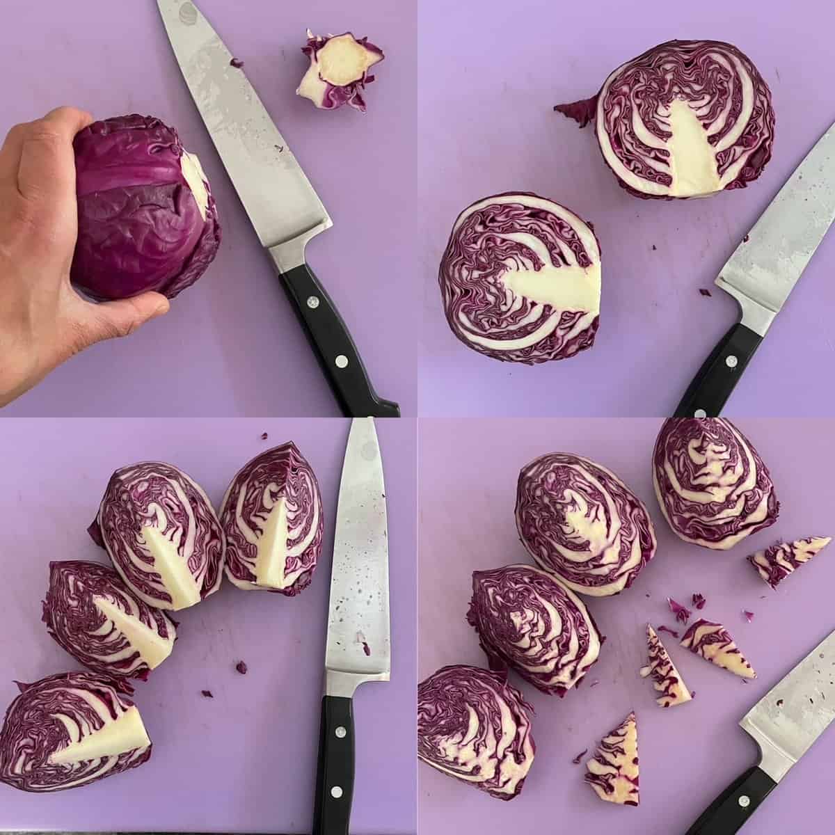 four panels showing steps in trimming and preparing the purple cabbage for shredding.