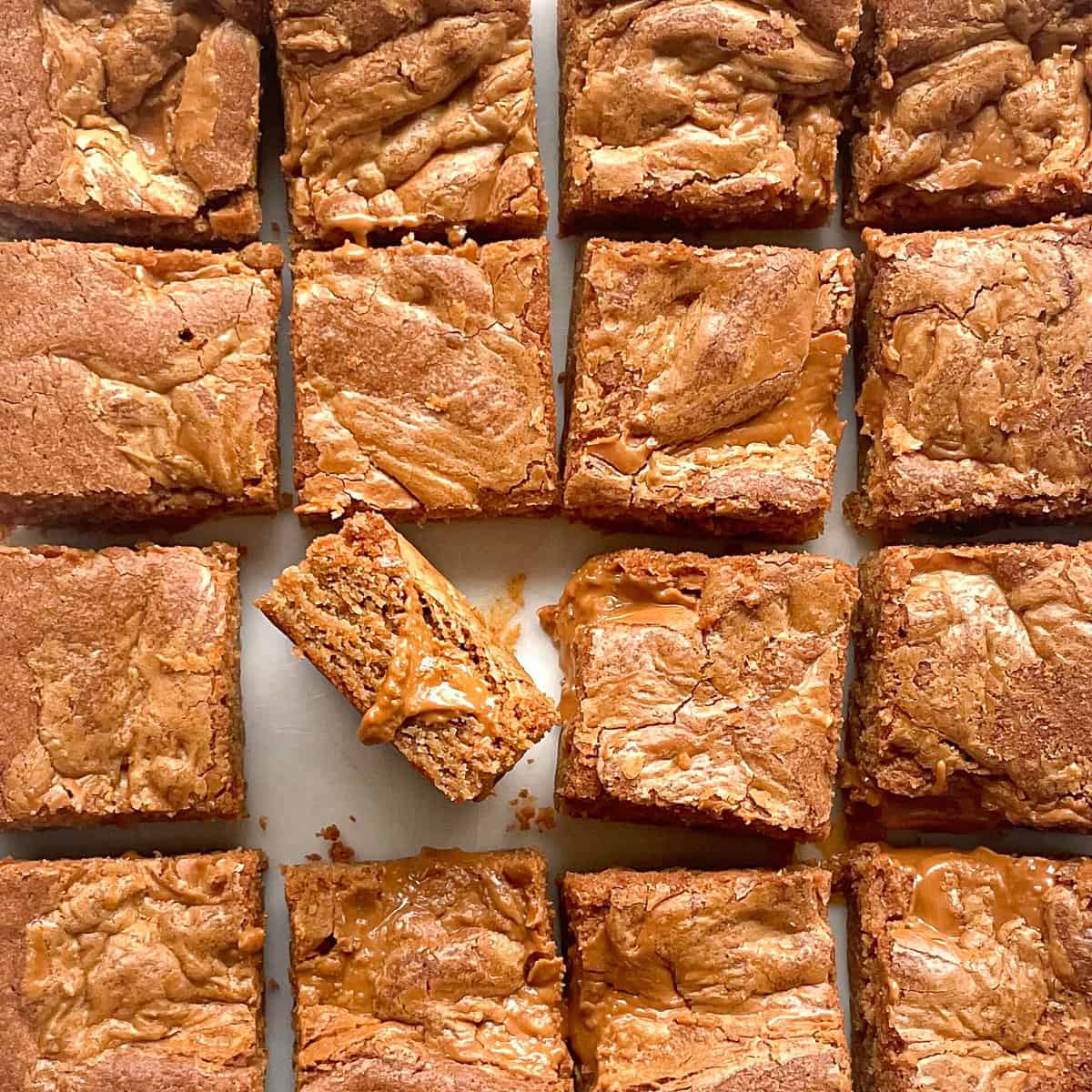sixteen cut blondie squares with one turned on its side with gooey biscoff spread.