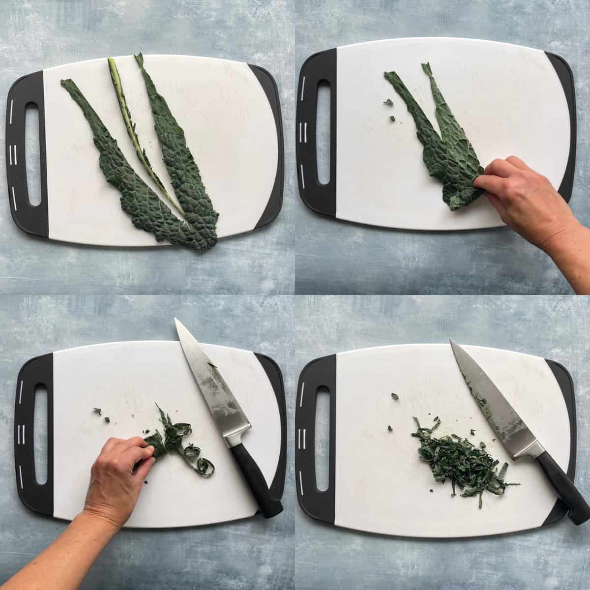 four panels showing slicing out the stem, rolling, cutting, and chopping kale.