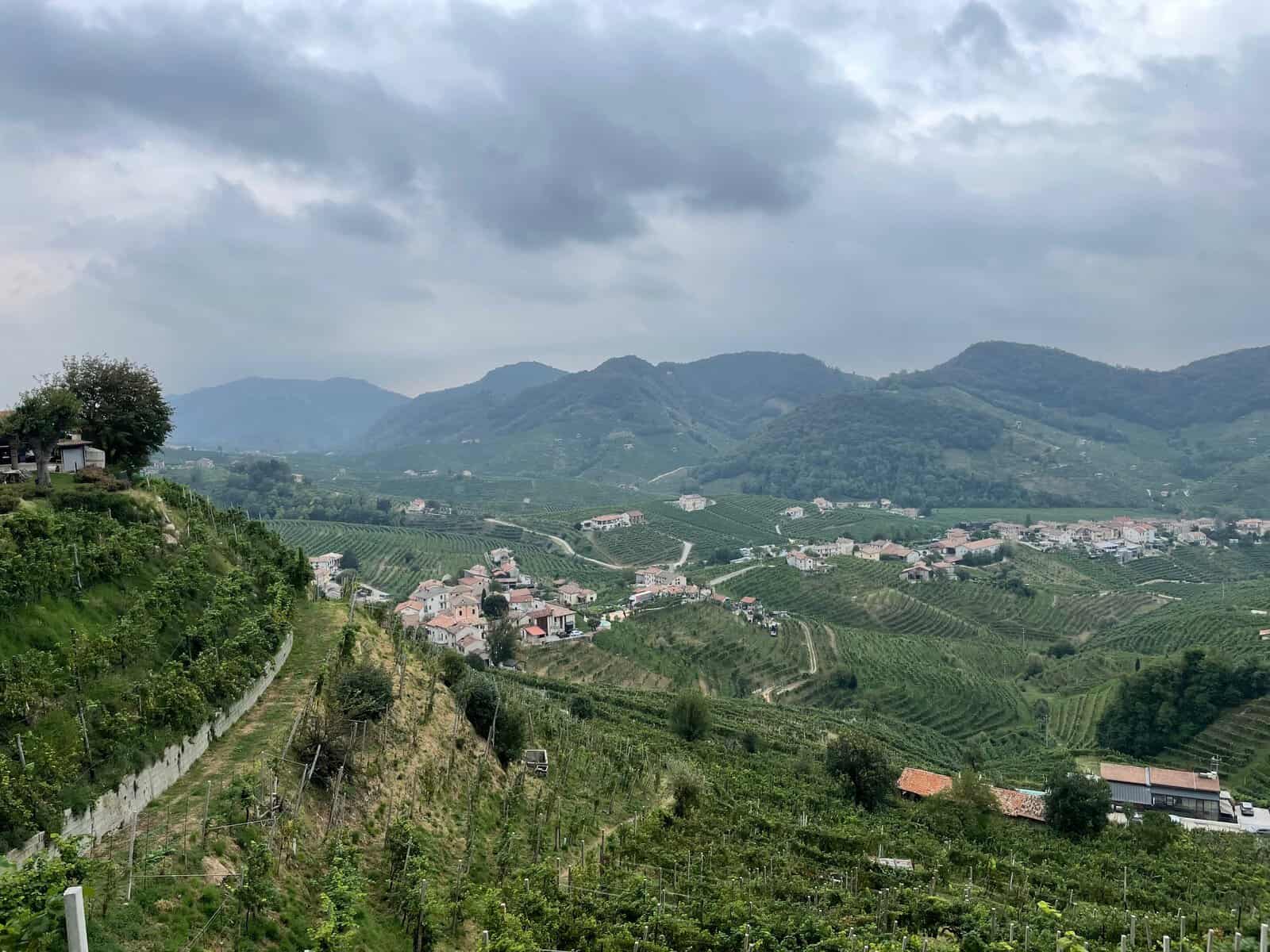 Views of hilly countryside from the Prosecco Road in Valdobbiadene, Italy.