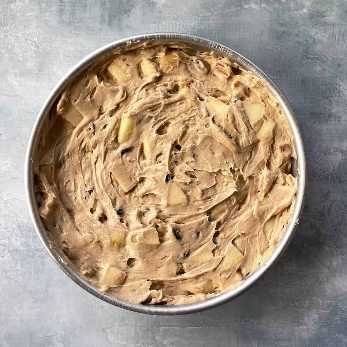 sourdough apple cake batter in a round cake pan.