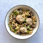 bowl of turkey meatball Stroganoff over mushrooms and wide egg noodles garnished with parsley.