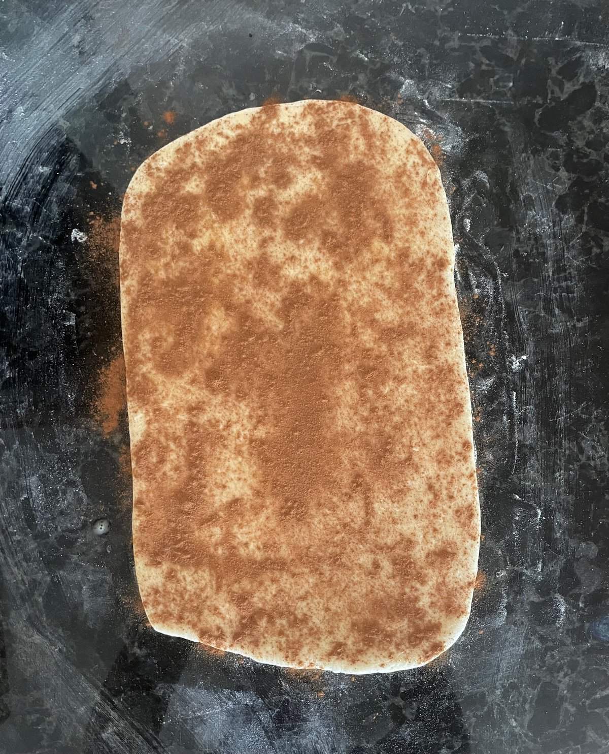 rectangle of rolled out honey bun dough sprinkled with cinnamon.