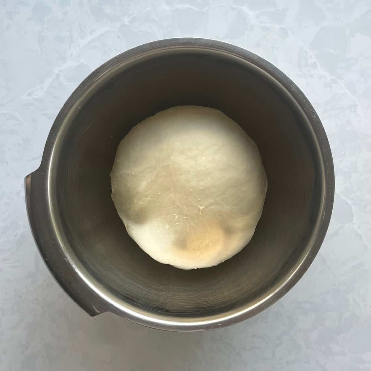 dough ball in a greased metal bowl.