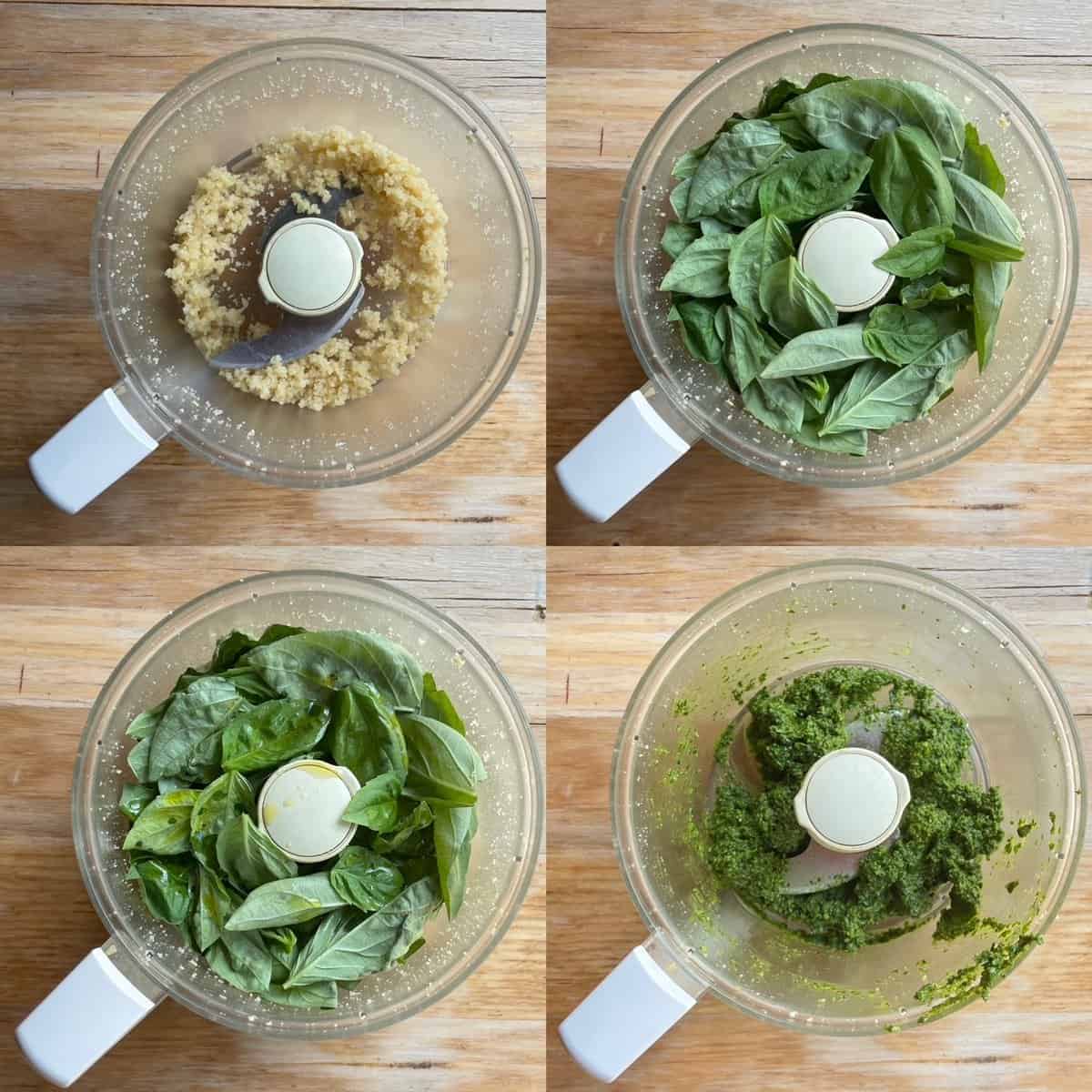 four images of a food processor bowl showing the blitzed cheese, nuts, and garlic and then the basil leaves and olive oil, and then the final pesto fully pulverized in the food processor.