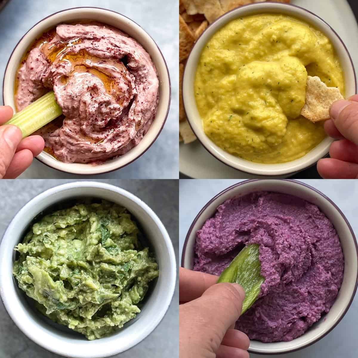 four images with a red dip and celery on top left, yellow dip and pita top right, guacamole bottom left, and purple dip with green pepper bottom right.