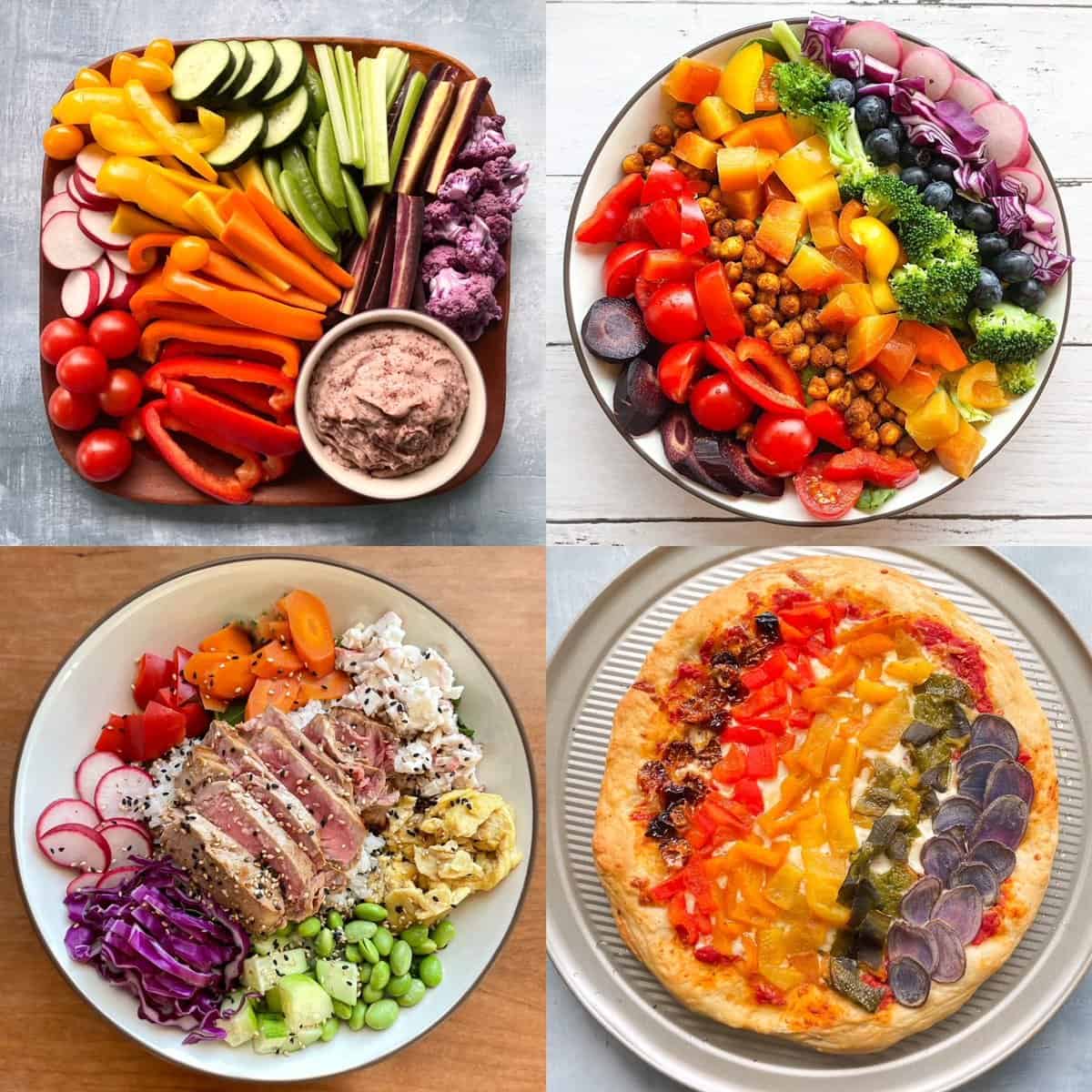 four images of rainbow bowls and plates with rainbow veggies on the top left, rainbow salad on the top right, rainbow poke bowl bottom left, and rainbow pizza bottom right.