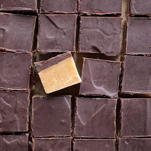 small squares of chocolate topped fudge with one on its side showing the peanut butter fudge base.