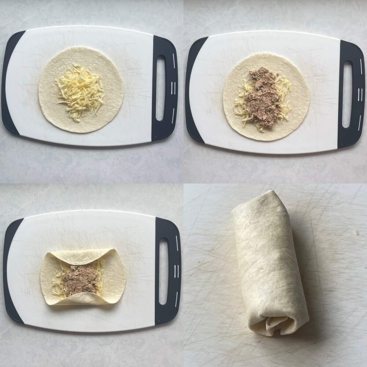 four panels showing the steps in filling and rolling the tuna melt wrap.