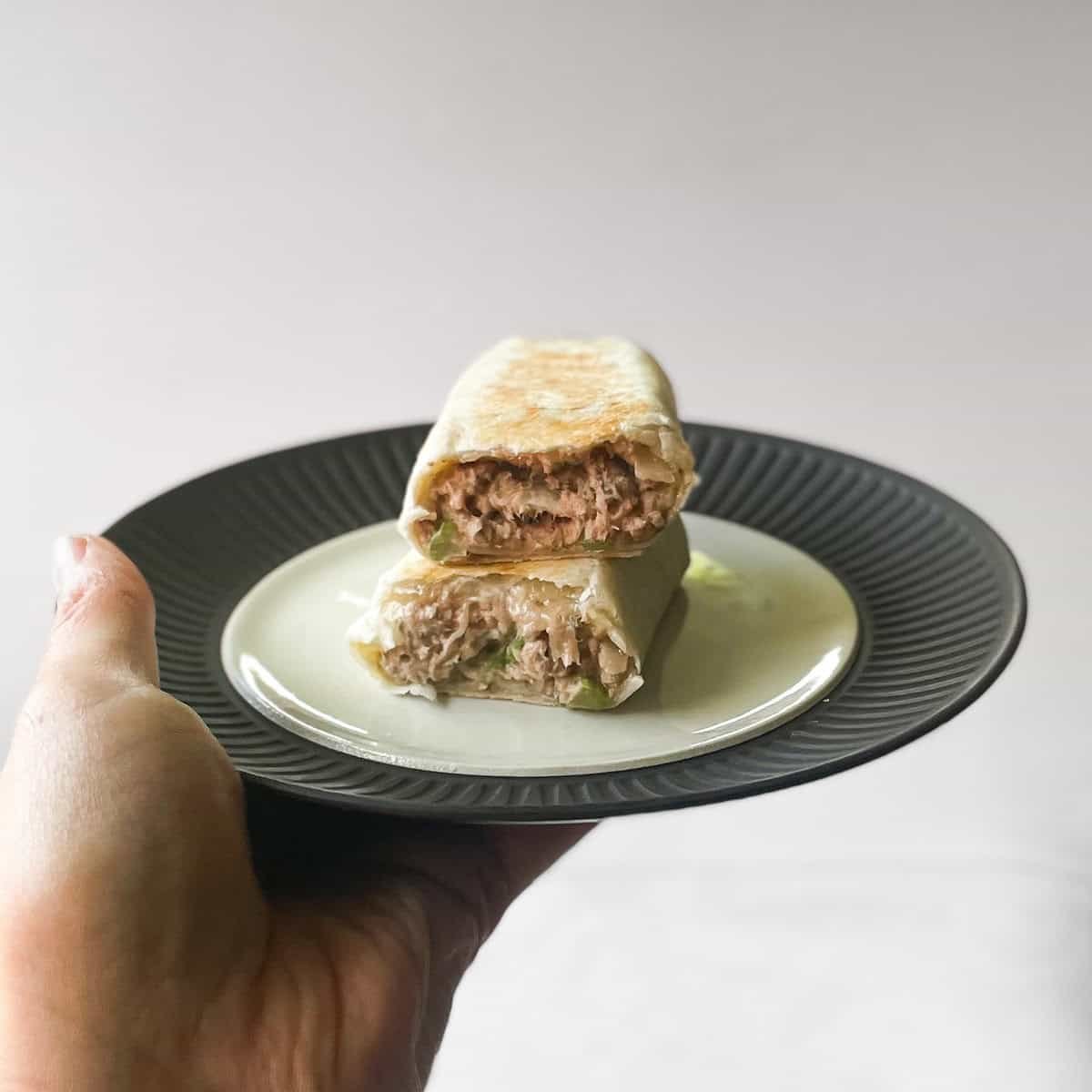 hand holding plate with tuna melt wrap cut in two with one half on the other.