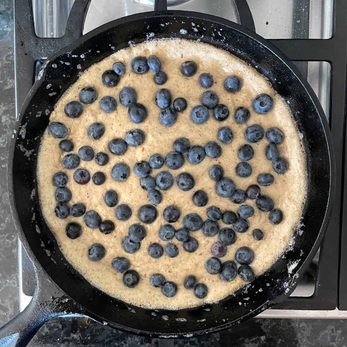 fresh blueberries dotted on top a pale batter in a cast iron skillet.