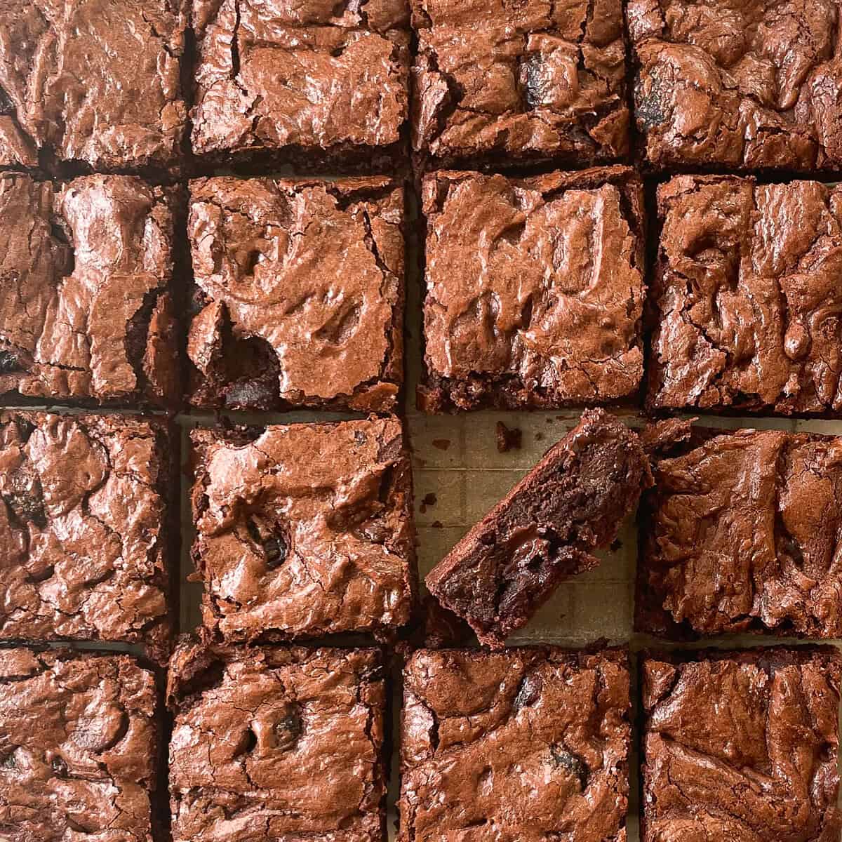 sixteen square cut chocolate brownies with cherries with one on its side.