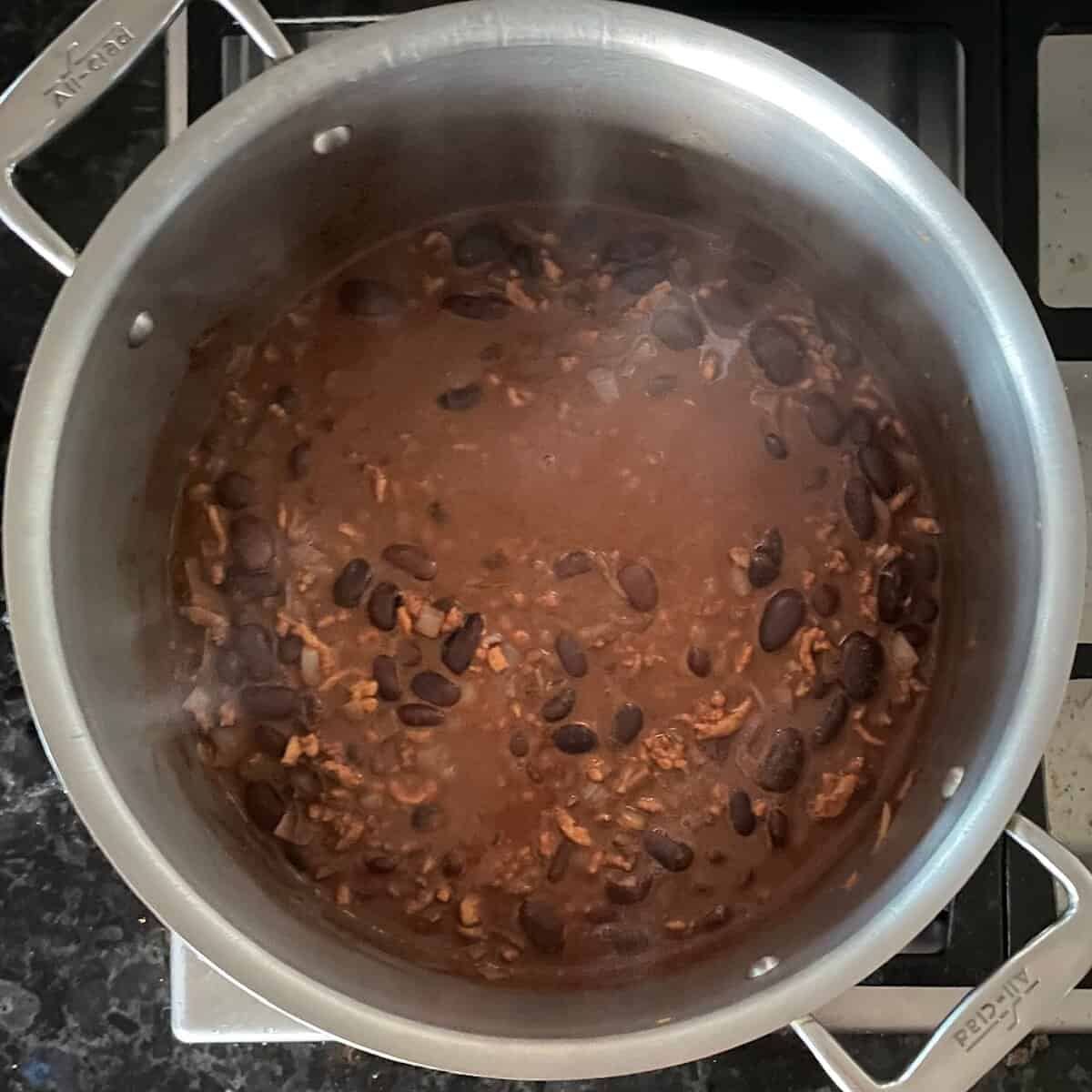 black bean ground chicken chili in a large soup pot.