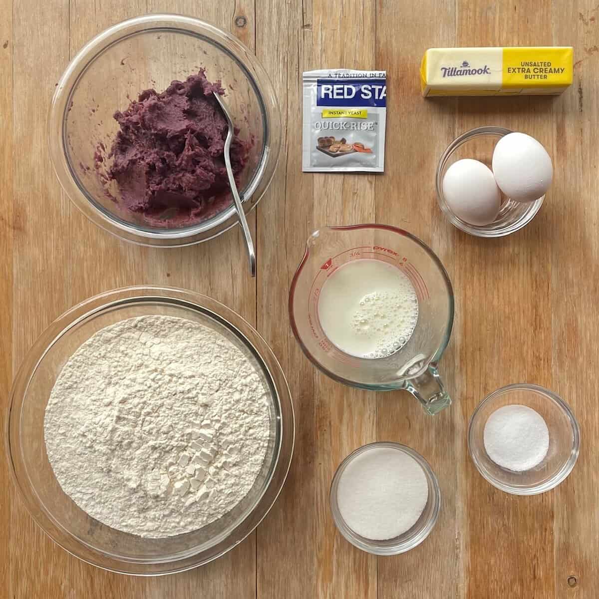 mashed purple sweet potato, flour, yeast, milk, butter, eggs, sugar, and salt.