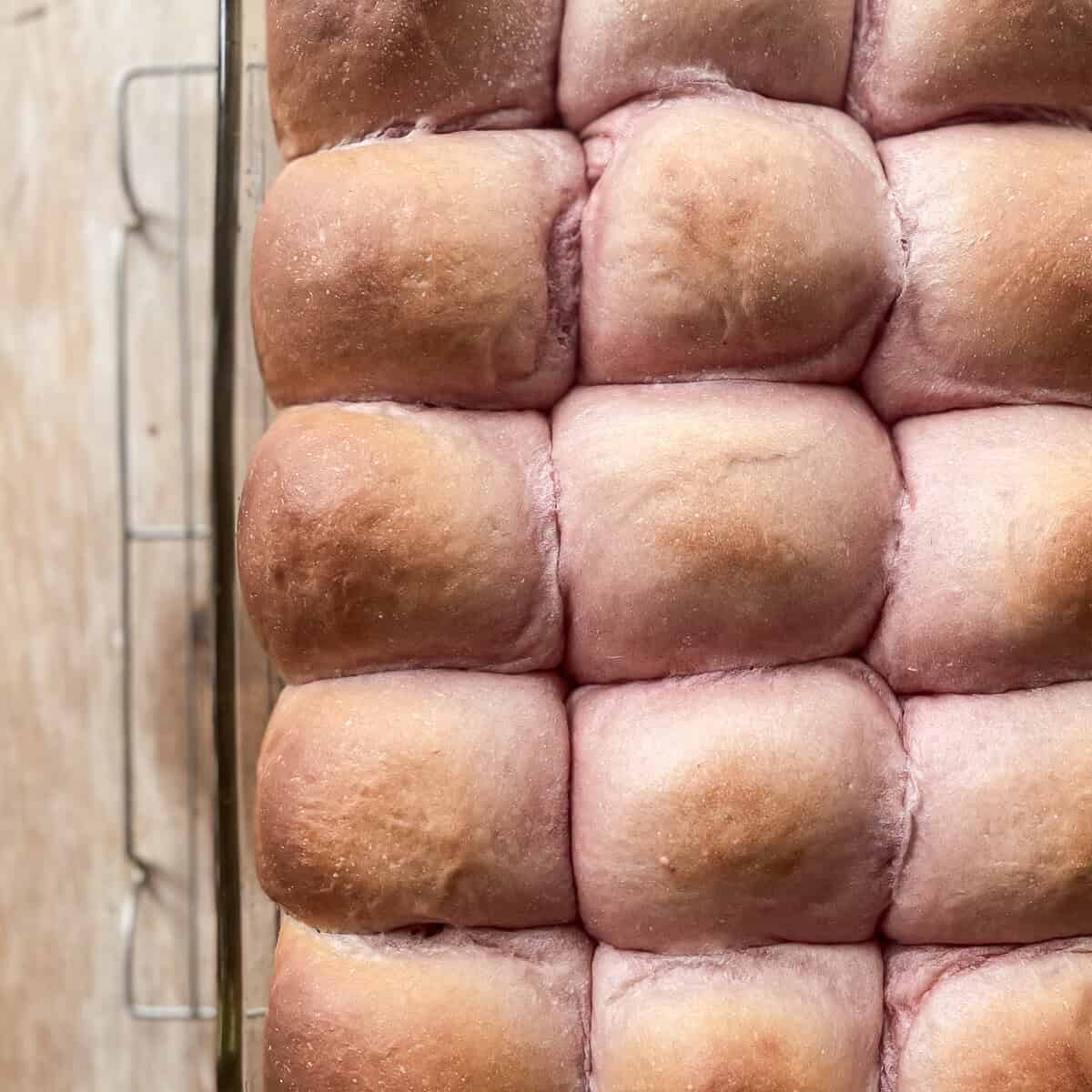 pink toned purple sweet potato dinner rolls in a glass baking pan on a cooling rack.
