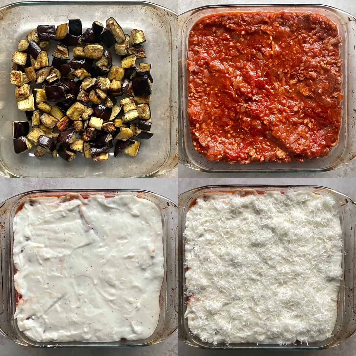 panel of four images showing the layering of roasted eggplant, tomato meat sauce, bechamel, and grated cheese.