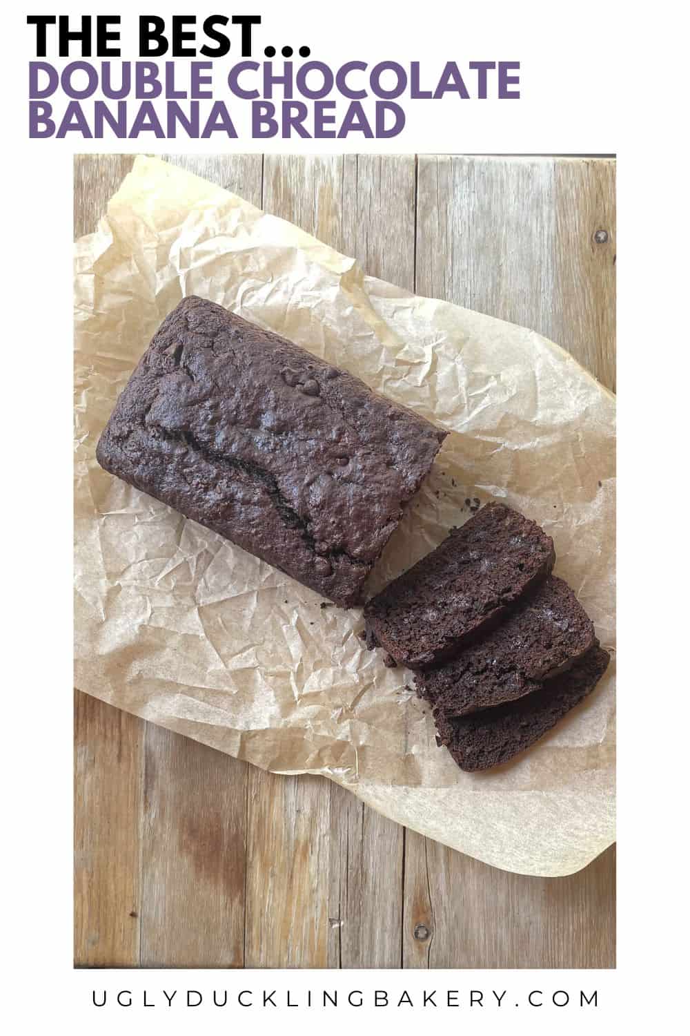 sliced chocolate loaf cake on parchment paper. The title says The Best Double Chocolate Banana Bread. The website ugly duckling bakery dot com is at the bottom.